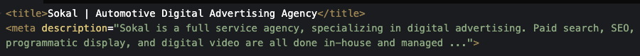 A screenshot of HTML code showing the title tag and meta description from the Sokal home page.