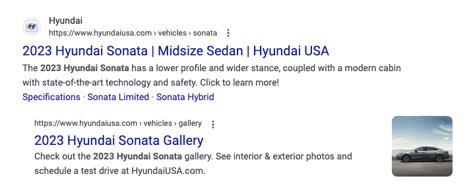 A screenshot of a car manufacturer is the first organic search result when you for the 2023 Hyundai Sonata