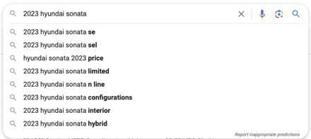 A screenshot of the related search queries that appear when looking up the 2023 Hyundai Sonata